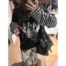 批发LPLN假两件条纹长袖T恤男女美式复古嘻哈摇滚乐队印花<b class='q'>街头</b>上衣潮
