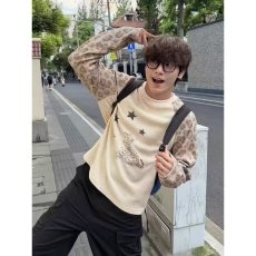 批发美式复古星星印花拼接防晒罩衫男女秋季慵懒风宽松透气长袖<b class='q'>t</b><b class='q'>恤</b>潮