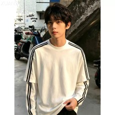批发简约双纱条纹长袖<b class='q'>t</b><b class='q'>恤</b>男款早秋穿搭美式圆领上衣假两件内搭打底衫