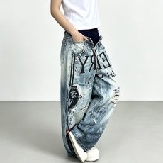批发设计师泼漆涂鸦潮牌春秋款<b class='q'>牛仔裤</b><b class='q'>男</b>士宽松小直筒美式休闲长裤子<b class='q'>男</b>