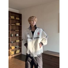 批发国潮撞色三条杠侧边条纹双拉链立领<b class='q'>夹克</b>开衫潮流情侣款宽松外套