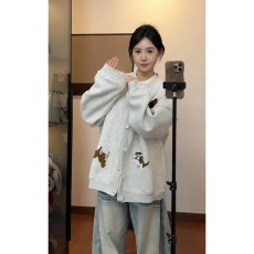批发白灰色美式趣味毛巾绣慵懒卫衣开衫男女秋季情侣外套宽松棒球<b class='q'>服</b><b class='q'>潮</b>