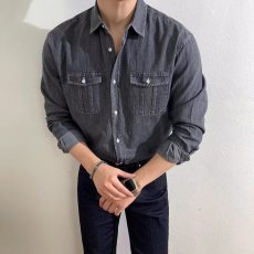 批发男装牛仔衬衫春秋季长袖设计感复古休闲衬衣日系宽松痞帅外套