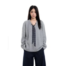 批发秋冬季日系学院风拼接格子领带麻花针织衫<b class='q'>男</b>女垂感慵懒风长袖<b class='q'>毛衣</b>