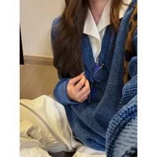 批发蓝色龙鳞纹v领卫衣<b class='q'>男</b>秋季美式复古假两件长袖<b class='q'>POLO</b><b class='q'>衫</b>cleanfit上衣