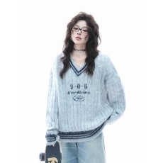 批发美式复古V领麻花针织衫宽松型套头毛<b class='q'>男</b>女衣学院风慵懒松弛感潮流