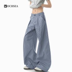 批发美式复古蓝色<b class='q'>格子</b><b class='q'>裤</b>2026夏季新款慵懒感薄款直筒阔腿<b class='q'>裤</b><b class='q'>休闲裤</b>子