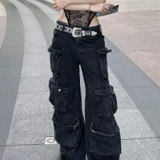 批发美式街头重工多口袋工装牛仔裤男女宽松vibe直筒休闲阔腿<b class='q'>长裤</b>