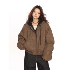 批发美式假两件皮衣棉服夹克男女冬季外套加厚休闲慵懒风宽松连帽