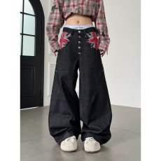 批发美式黑色原牛提花牛仔裤拼接明线设计秋季男<b class='q'>百搭</b>氛围感微喇长裤