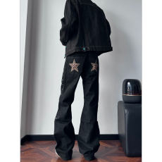 批发GMCS美式复古豹纹贴皮设计铆钉黑色阔腿牛仔裤男女<b class='q'>百搭</b>显瘦长裤潮