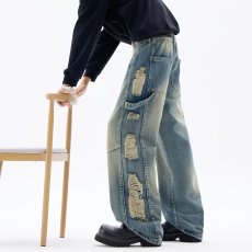 批发破洞补丁牛仔裤男潮牌设计感小众个性美式复古春秋<b class='q'>长裤</b>子宽松直筒