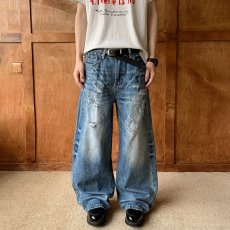 批发大码美式高街重工水洗磨白弯刀牛仔裤男女复古做旧宽松<b class='q'>百搭</b>阔腿裤