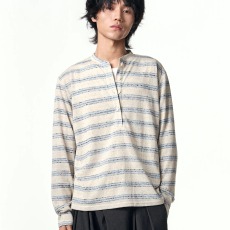 批发亨利领蓝花<b class='q'>条纹</b>长袖<b class='q'>T</b><b class='q'>恤</b>男宽松防晒透气休闲慵懒风上衣罩衫