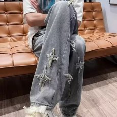 十字架牛仔裤美式高街男款潮牌复古直筒宽松秋冬季刺绣休闲长裤子
