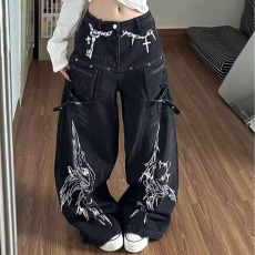 批发美式复古设计感链条印花牛仔裤女2026春秋新款<b class='q'>街头</b>宽松阔腿拖地裤
