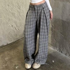 批发2026新款格纹松弛感打褶直筒A字阔腿西裤慵懒风<b class='q'>通勤</b>休闲长裤