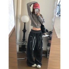 批发美式复古翻腰条纹<b class='q'>休闲</b>卫裤<b class='q'>男</b>女秋季设计感<b class='q'>长裤</b>宽松显瘦百搭阔腿裤