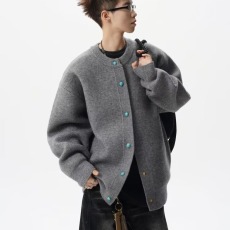 批发秋冬美式复古蓝宝石扣子开衫<b class='q'>毛衣</b>男针织外套重磅高级感<b class='q'>毛衣</b>潮