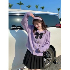 批发甜美风浅紫色圆领长袖短款蝴蝶结纽扣毛<b class='q'>针织</b>衫 温柔显瘦