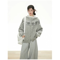 批发IFSAWX 灰色费尔岛双拉链<b class='q'>毛衣</b>外套<b class='q'>女</b>秋冬季加厚连帽针织开衫上衣