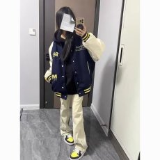 批发美式复古条纹撞色<b class='q'>棒球</b>服女国潮牌宽松春秋插肩袖外套高街夹克