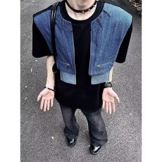 批发男模穿搭高级感解构垫肩短袖夏季小众设计感牛仔拼接<b class='q'>T</b><b class='q'>恤</b>美式半袖