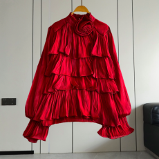 批发法式轻奢名媛立体<b class='q'>花朵</b>立领长袖衬衫女春秋宽松显瘦叠层荷叶边上衣