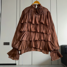 批发法式轻奢名媛立体<b class='q'>花朵</b>立领长袖衬衫女春秋宽松显瘦叠层荷叶边上衣