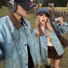 批发美式扎染机车皮衣夹克<b class='q'>外套</b>男女2026秋季廓形正肩短款翻领棒球服