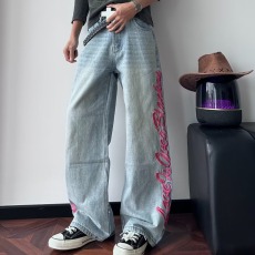批发美式复古刺绣直筒牛仔裤<b class='q'>男</b>女秋季高街设计感高腰宽松垂感阔腿裤