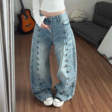 批发美式复古小众设计弯刀牛仔裤<b class='q'>男</b>女洗水做旧高街港风百搭阔腿裤潮