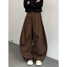 批发夏季日系复古纯色宽松褶皱阔腿裤<b class='q'>男</b>女百搭直筒松紧腰休闲长裤子