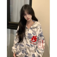 批发美式复古迷彩刺绣连帽开衫卫衣女大童2026新款宽松慵懒风上衣外套