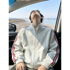 批发美式拼接条纹立领<b class='q'>卫衣</b>外套男秋季潮牌cleanfit高级感重磅运动夹克