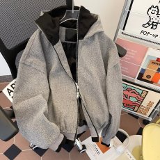 批发双拉链设计连帽宽松落肩袖休闲夹克拉链开衫外套