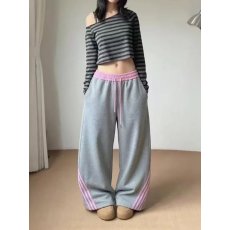 批发抽绳腰边侧边条纹宽松阔腿休闲裤插袋设计垂坠感长