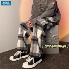 批发黑白撞色阔腿裤<b class='q'>男</b>女2025秋冬慵懒格子裤高腰垂感毛呢直筒休闲裤