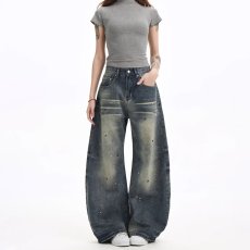 批发美式复古<b class='q'>水洗</b>猫须弯刀牛仔裤男女宽松阔腿痞帅泼墨显瘦长裤