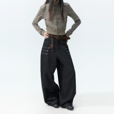 批发复古双侧排扣黑色弯刀牛仔裤<b class='q'>男</b>女vintage街头阔腿<b class='q'>裤子</b>
