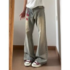 批发高街美式复古水洗做旧青少年刺绣牛仔裤<b class='q'>男</b>女直筒宽松微喇叭<b class='q'>裤子</b>潮