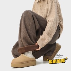 批发加绒加厚人字纹宽松阔腿版型垂顺柔软可翻折边休闲