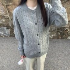 批发美式复古绞花纹理感<b class='q'>开衫</b>毛衣女秋冬季慵懒宽松情侣新款休闲针织衫
