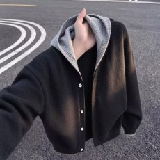 批发假两件连帽针织<b class='q'>开衫</b>男士套装秋冬宽松拉链美式风毛衣外套慵懒穿搭